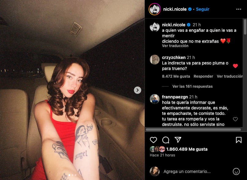 Nicki Nicole responde con indirectas a la supuesta nueva relación de Peso Pluma