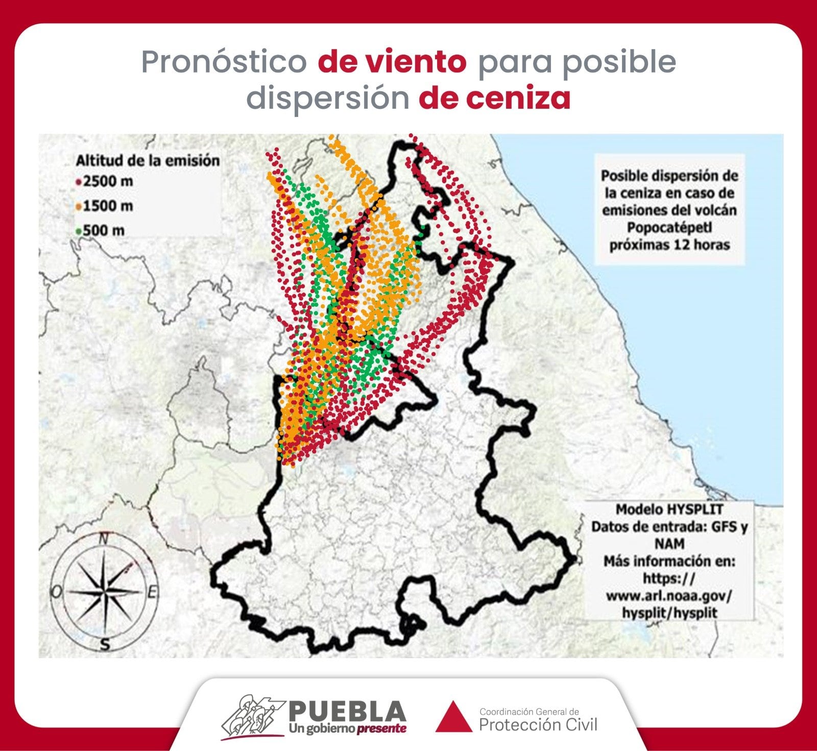 Modelo HYSPLIT de dispersión de ceniza del Volcán Popocatépetl del 24 de noviembre
