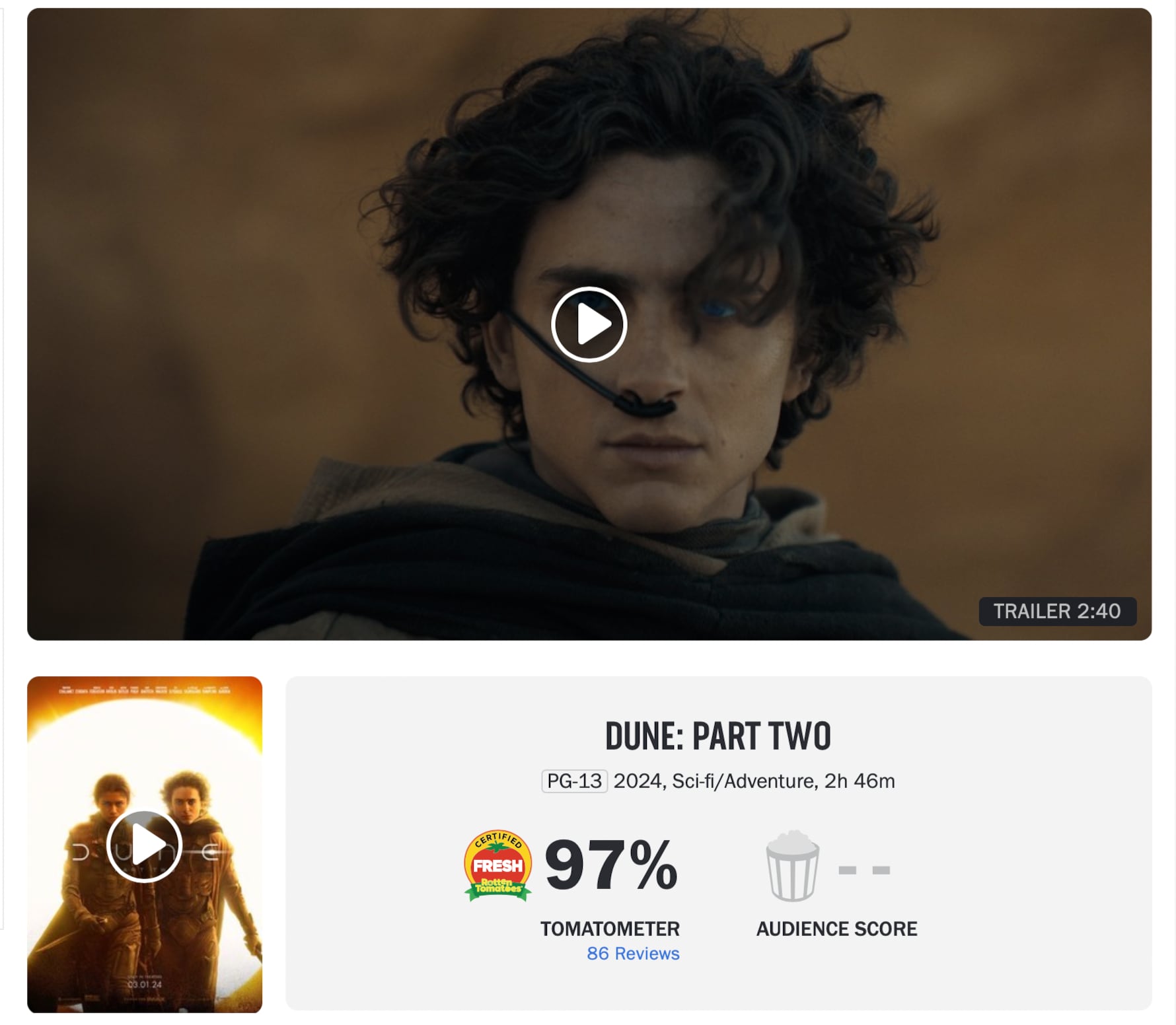 Duna: parte dos ya tiene calificación de la crítica de Rotten Tomatoes