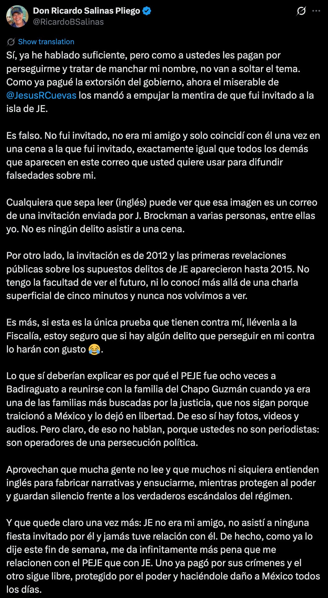 Ricardo Salinas Pliego reta a presentar pruebas ante la FGR que demuestre su relación con Epstein.