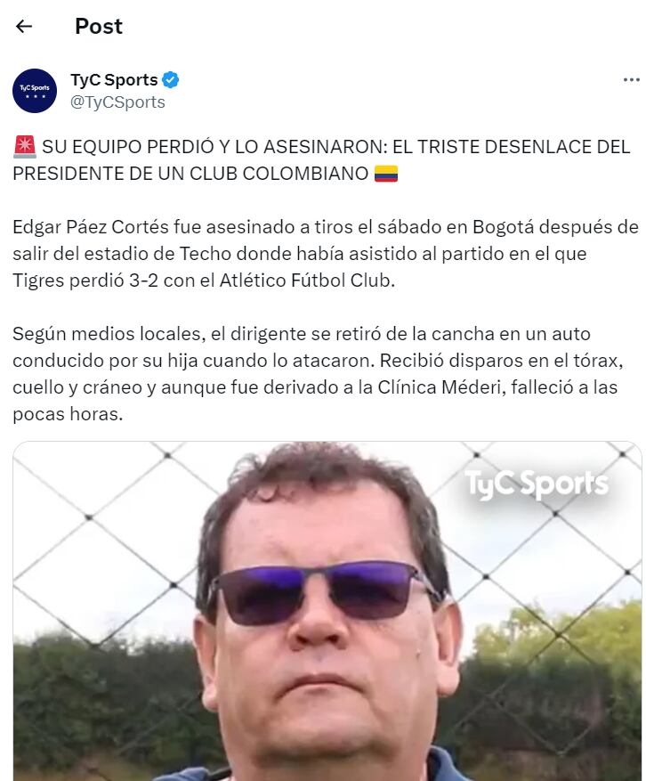 Matan a balazos al presidente de Tigres de Colombia