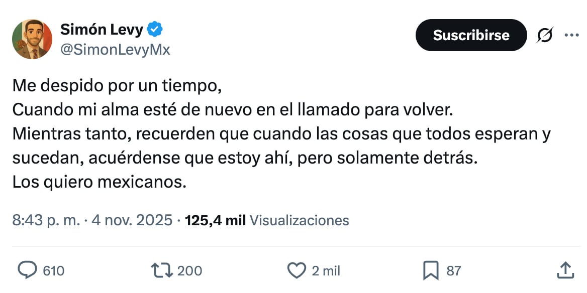 Simón Levy publica un mensaje de despedida en su perfil de X