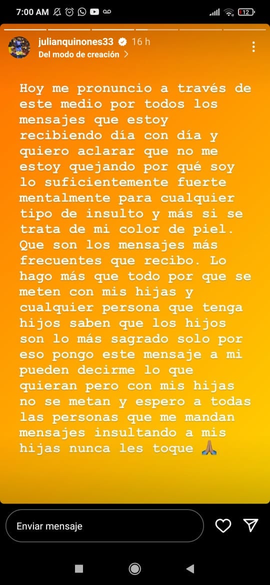 Mensaje de Julián Quiñones en sus redes sociales.
