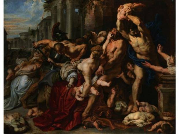 “La masacre de los inocentes” muestra el pasaje de la matanza descrito en el Nuevo Testamento: Herodes manda asesinar a todos los niños por temor de que Jesús lo destrone. Este cuadro es el más caro de Rubens ya que en el 2002 se vendió por 76.9 millones de euros.