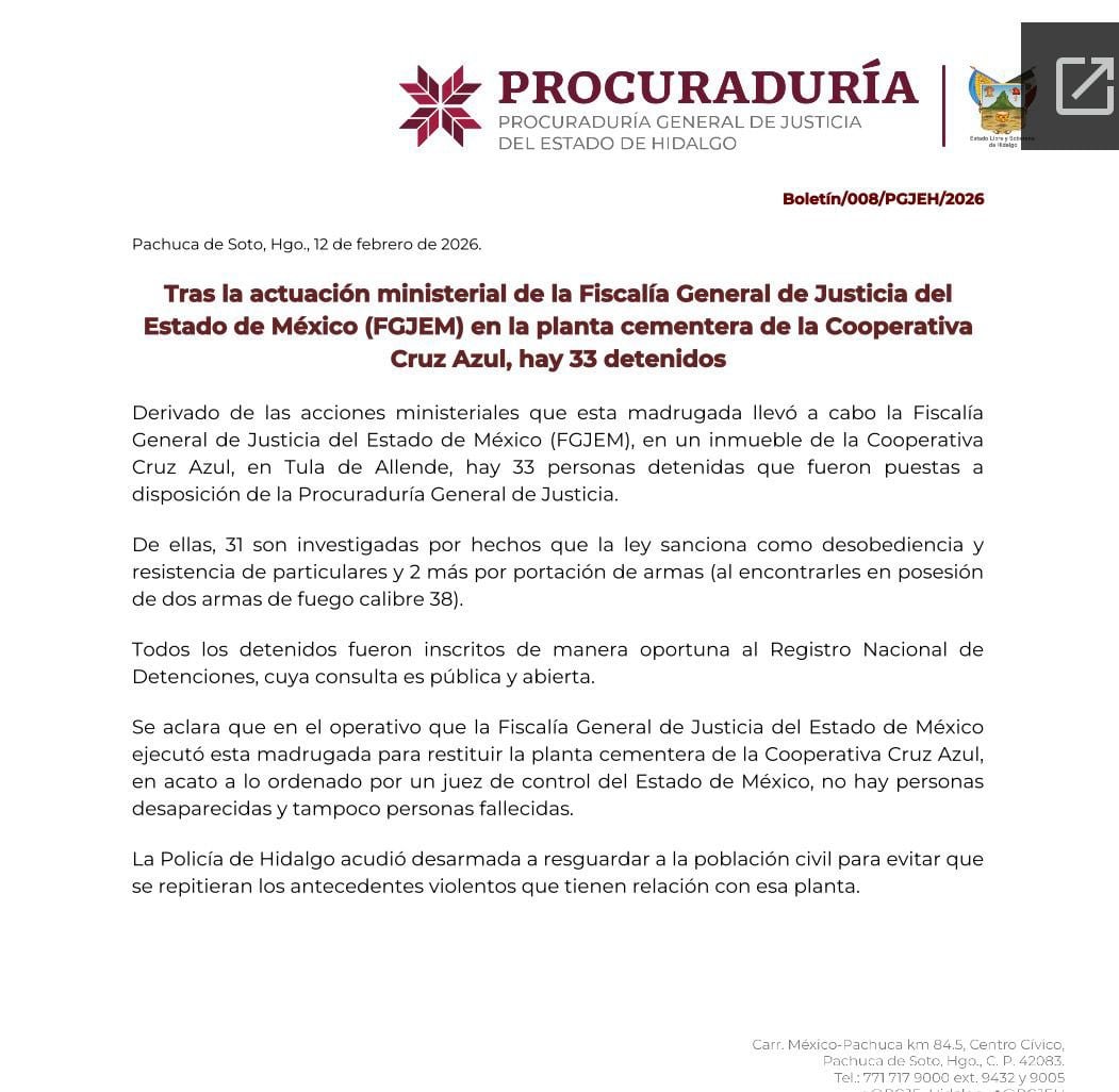 Procuraduría de Hidalgo confirma 33 detenidos por caso en cementera Cruz Azul de Tula