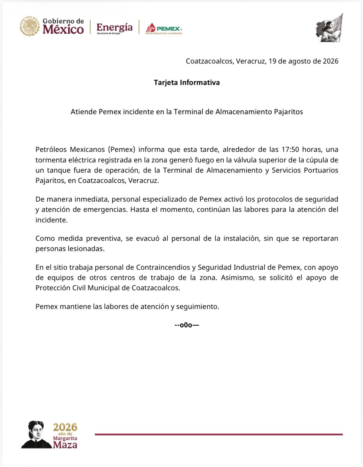 Pemex confirma incendio en terminal Pajaritos de Veracruz por tormenta eléctrica
