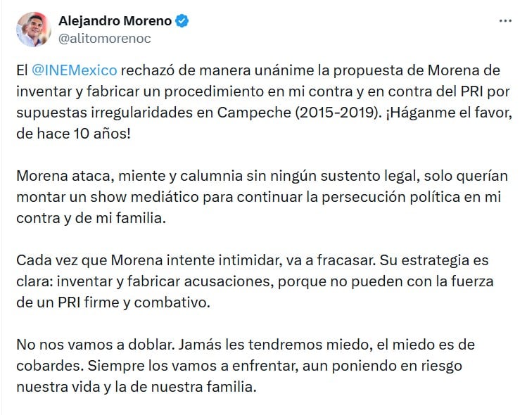 Alito Moreno celebra rechazo del INE a petición de Morena
