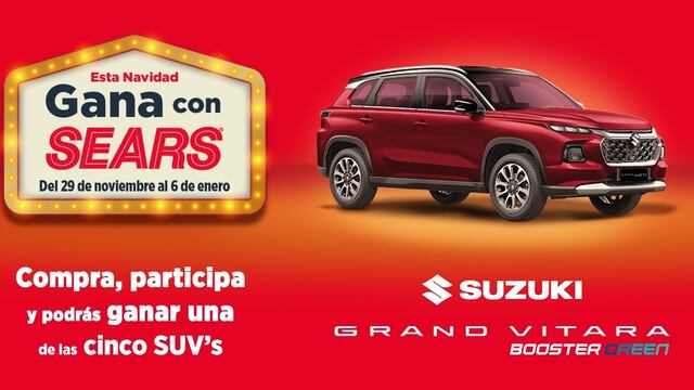 Si compras los regalos de navidad de la familia en Sears podrías ganar una de las cinco camionetas SUZUKI GRAND VITARA GLX TA BOOSTERGREEN, modelo 2024