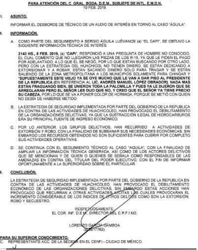 Informe sobre amenaza a AMLO