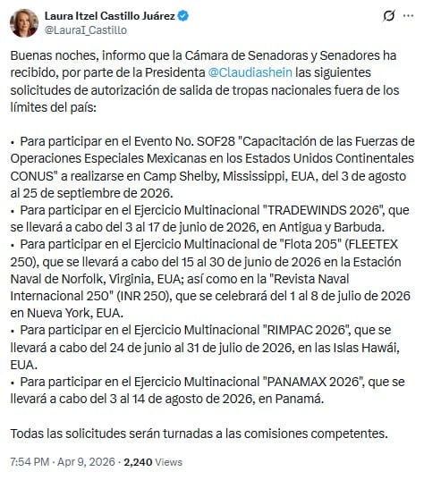 Senado recibe solicitud de Sheinbaum sobre salida de tropas mexicanas al extranjero