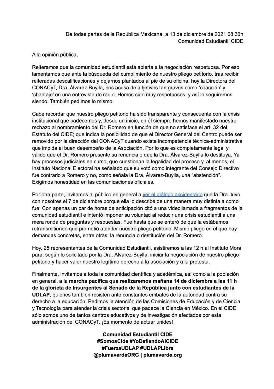 Comunicado de la comunidad estudiantil del CIDE