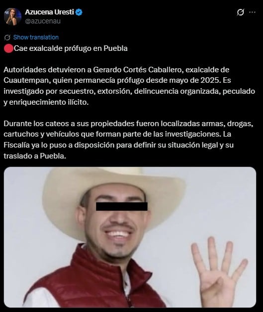 Cae exalcalde de Cuautempan prófugo por delincuencia organizada