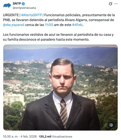 Detienen al periodista Álvaro Algarra en Venezuela