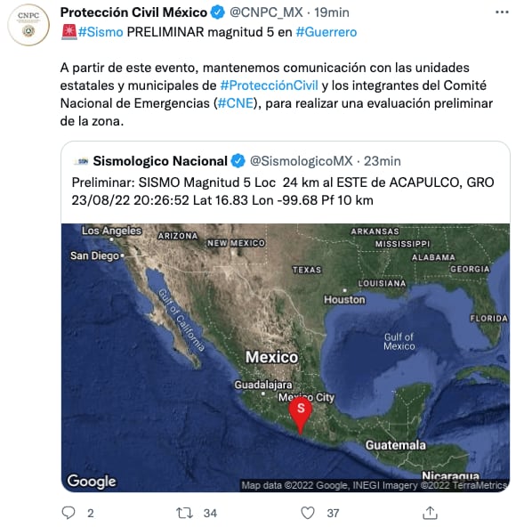 Tras el sismo de hoy de 5.0 grados en Acapulco, Protección Civil inició protocolos en Guerrero.