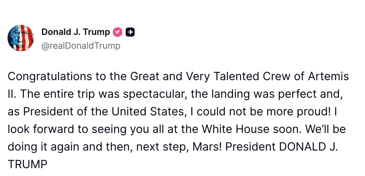 Mensaje de Donald Trump sobre Artemis II