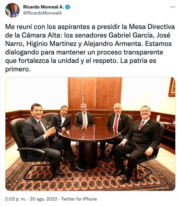 Ricardo Monreal se reúne con aspirantes a la presidencia de la Junta de Coordinación Política del Senado