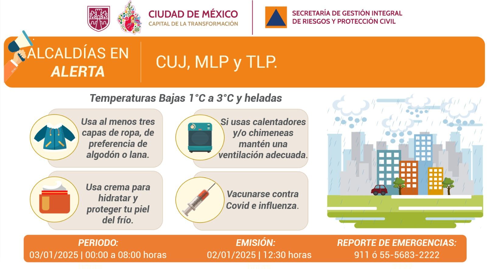 Alerta Naranja en 3 alcaldías por clima CDMX 3 de enero