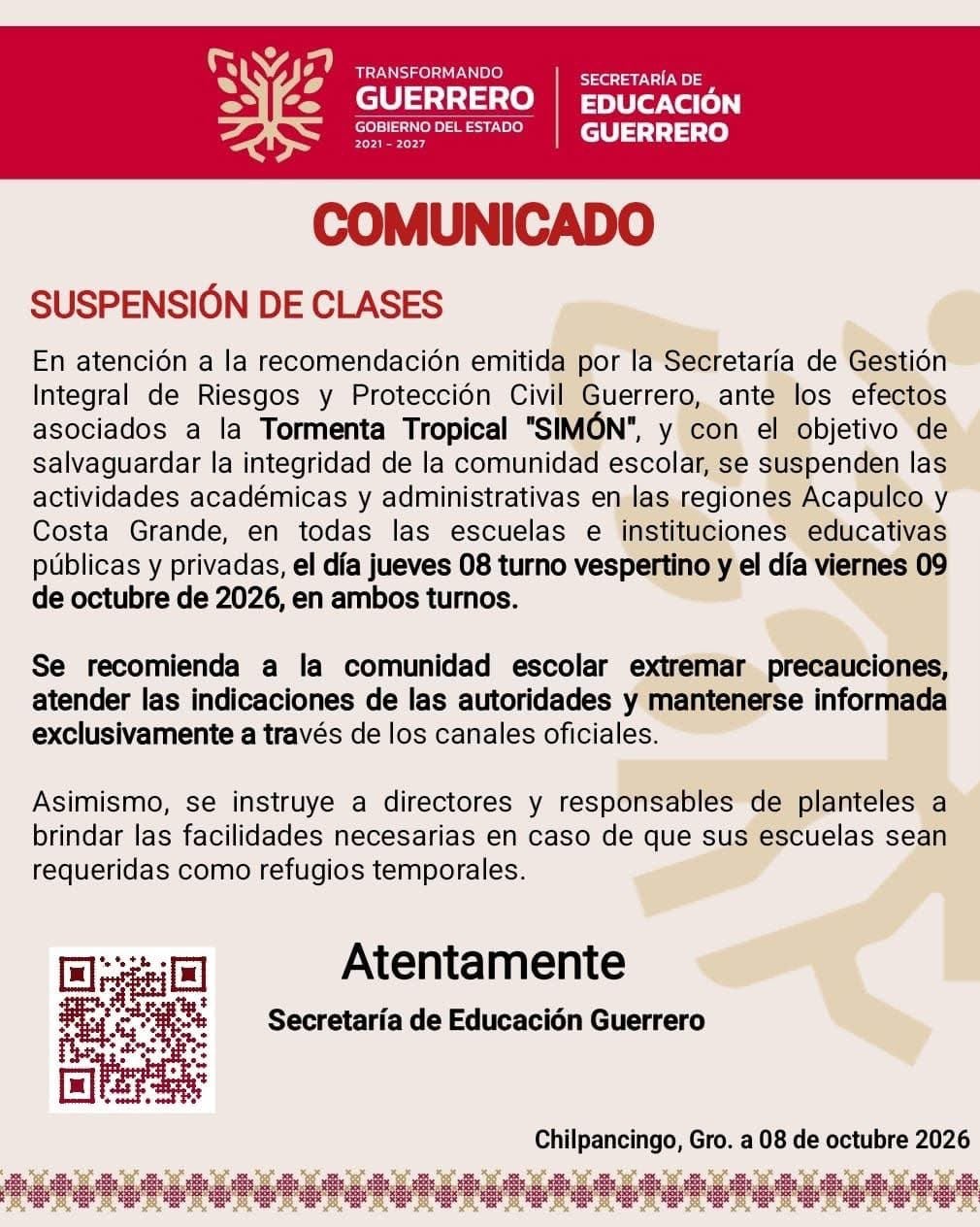 Acapulco y Costa Grande suspenden clases ante la llegada de Simón