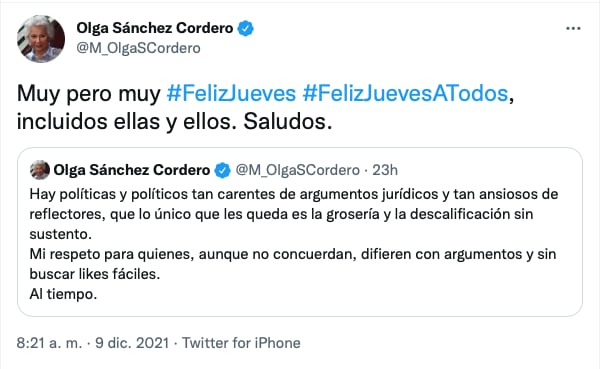 Tuit de Olga Sánchez Cordero