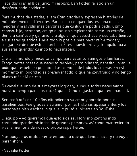 Esposa de Ben Potter habla sobre la muerte de Comicstorian.