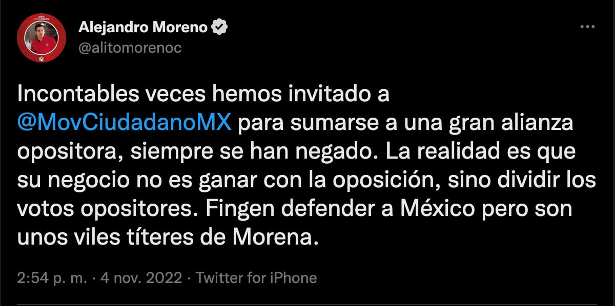 Alejandro Moreno: Movimiento Ciudadano es un títere de Morena