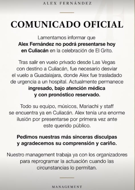 Alex Fernández no se presentará en Culiacán para concierto por el Grito de Independencia; está hospitalizado de emergencia
