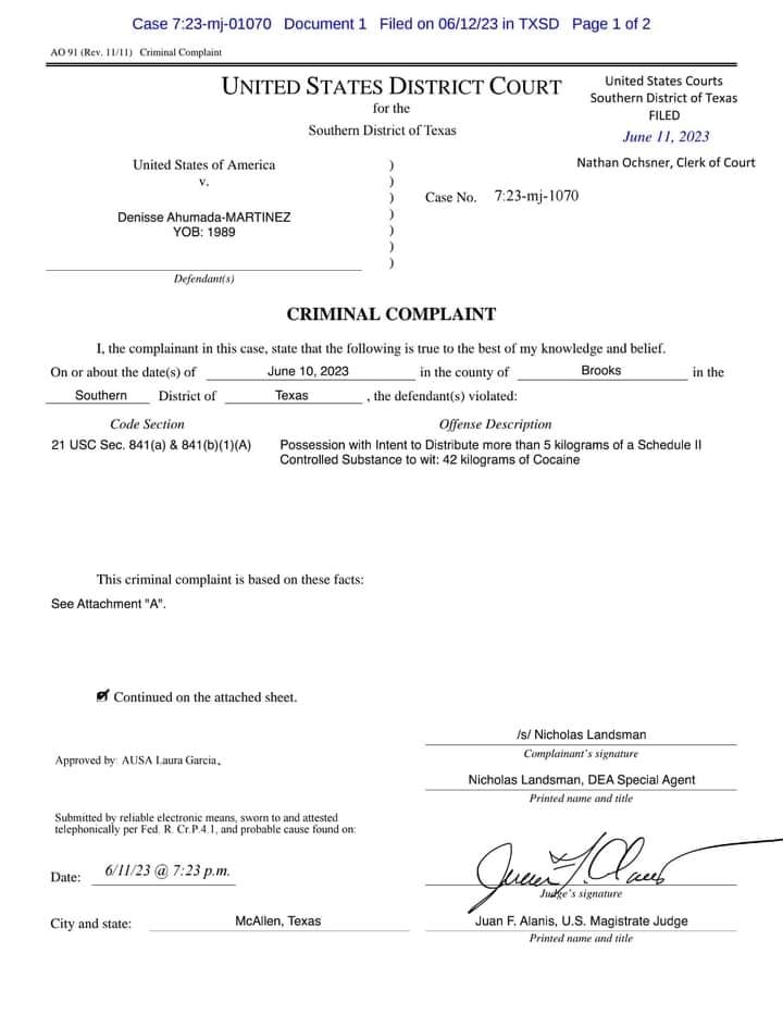 Denisse Ahumada Martínez detenida en Texas con 42 kilos de cocaína