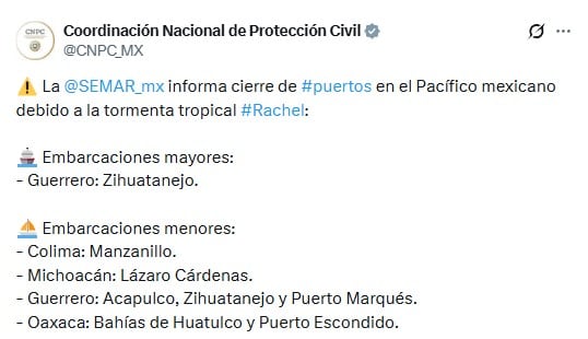 Tormenta tropical Rachel: cierran puertos ante su avance por el Pacífico