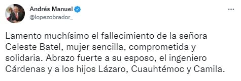 AMLO envía pésame por muerte de Celeste Batel