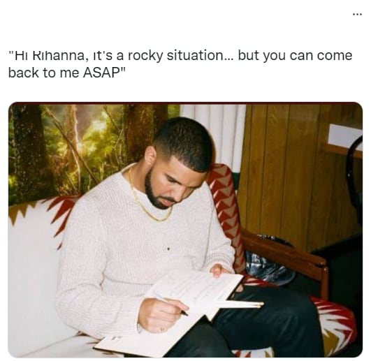 Drake reacción en meme sobre Rihanna.
