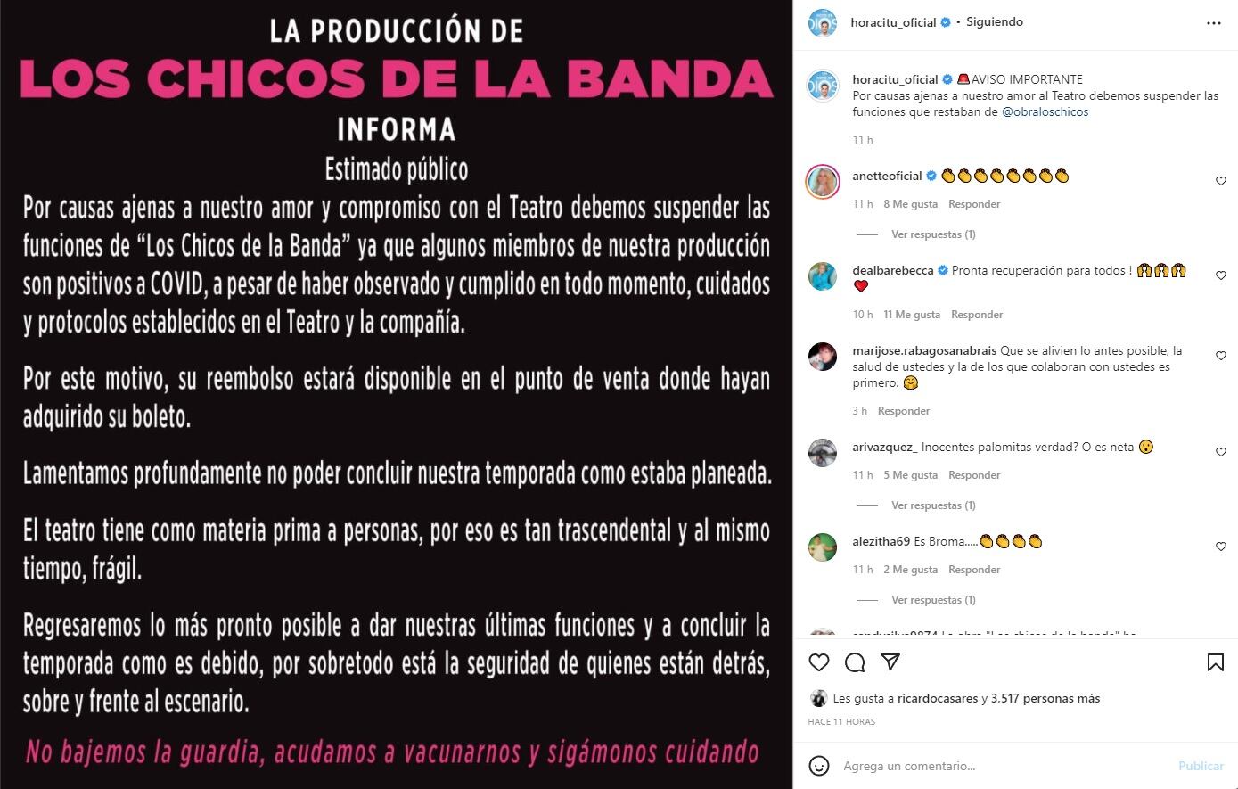 La obra ‘Los Chicos de la banda’ suspende sus últimas funciones por Covid-19