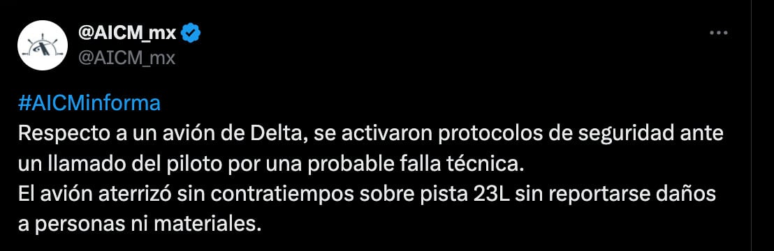 Avión de Delta Airlines aterrizó de emergencia en el AICM; esto le pasó