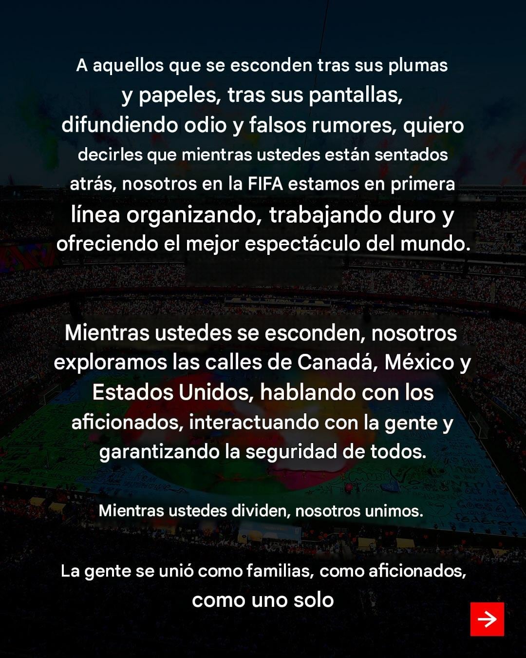 Gianni Infantino responde a las crítica del Mundial 2026 (traducida).
