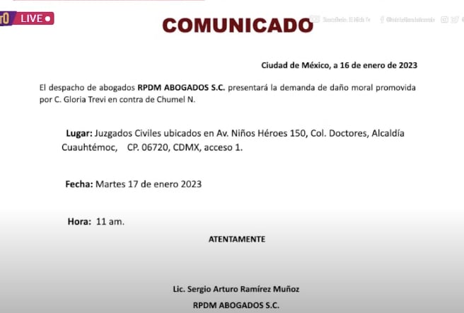 Gloria Trevi formaliza demanda contra Chumel Torres
