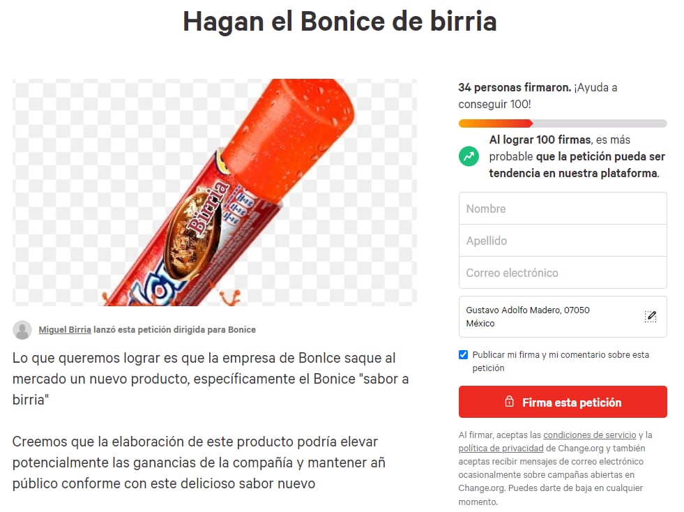 Petición para hacer un BonIce de birria