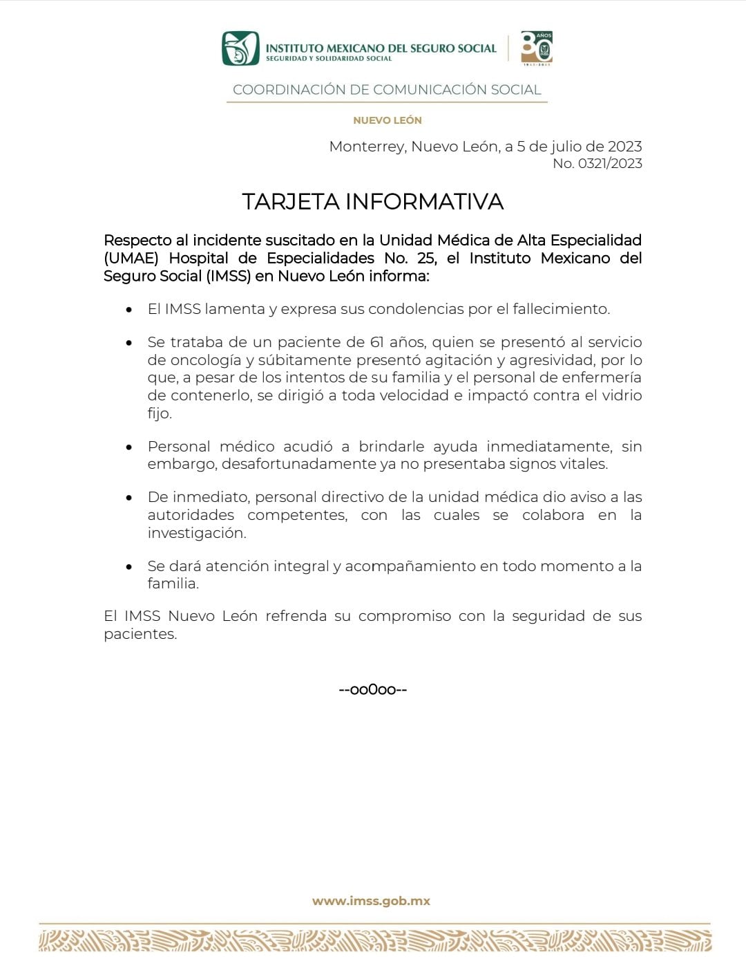 IMSS confirma muerte de paciente en Nuevo León