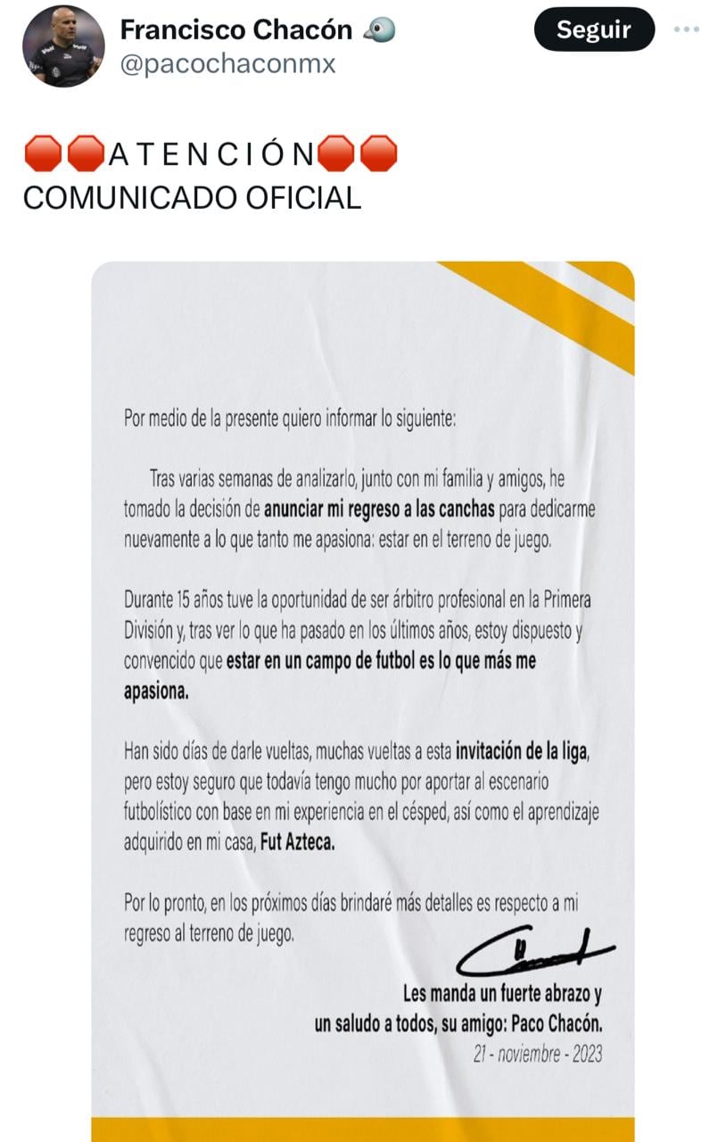 Paco Chacón anunció su regreso a las canchas.