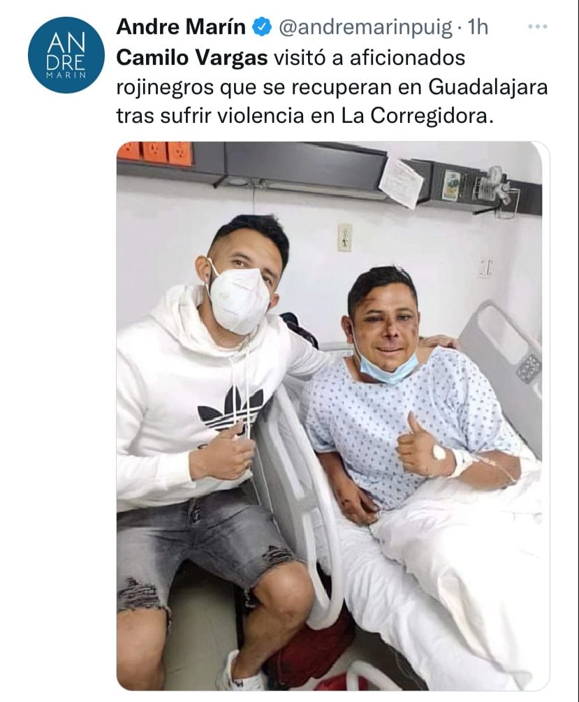 Tweet de André Marín sobre la visita de Camilo Vargas a los fans heridos del Atlas FC.