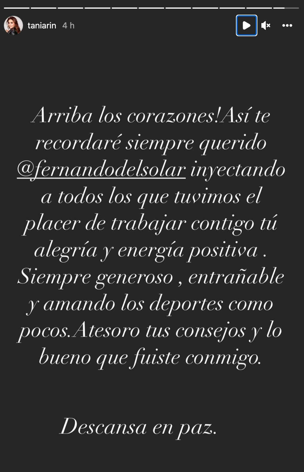 Tania Rincón se despidió de Fernando del Solar en Instagram