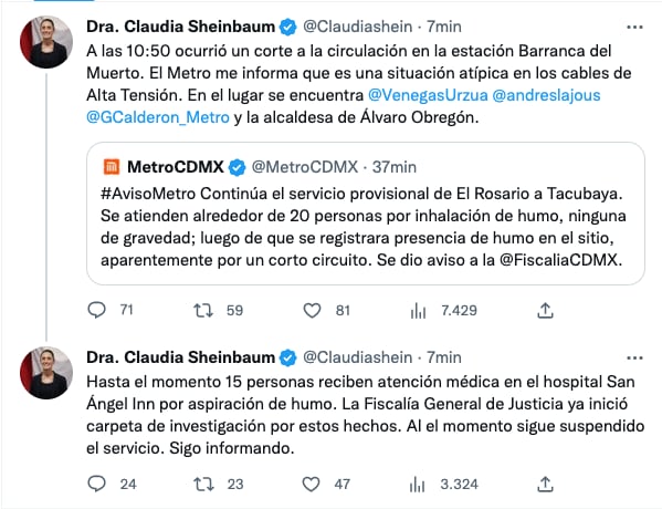 Claudia Sheinbaum informa sobre incendio en la Línea 7 del Metro de la CDMX