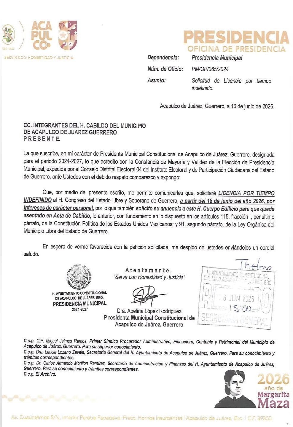 Abelina López presenta solicitud de licencia para buscar la gubernatura de Guerrero