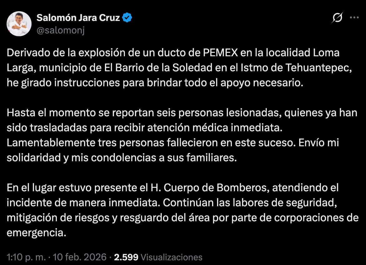 Mensaje de Salomón Jara Cruz tras explosión de un ducto en Pemex