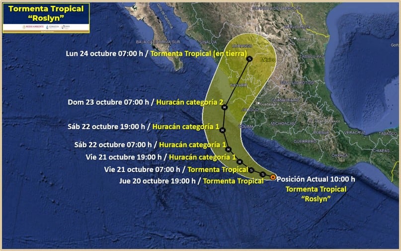 Trayectoria de la tormenta tropical Roslyn en vivo en México