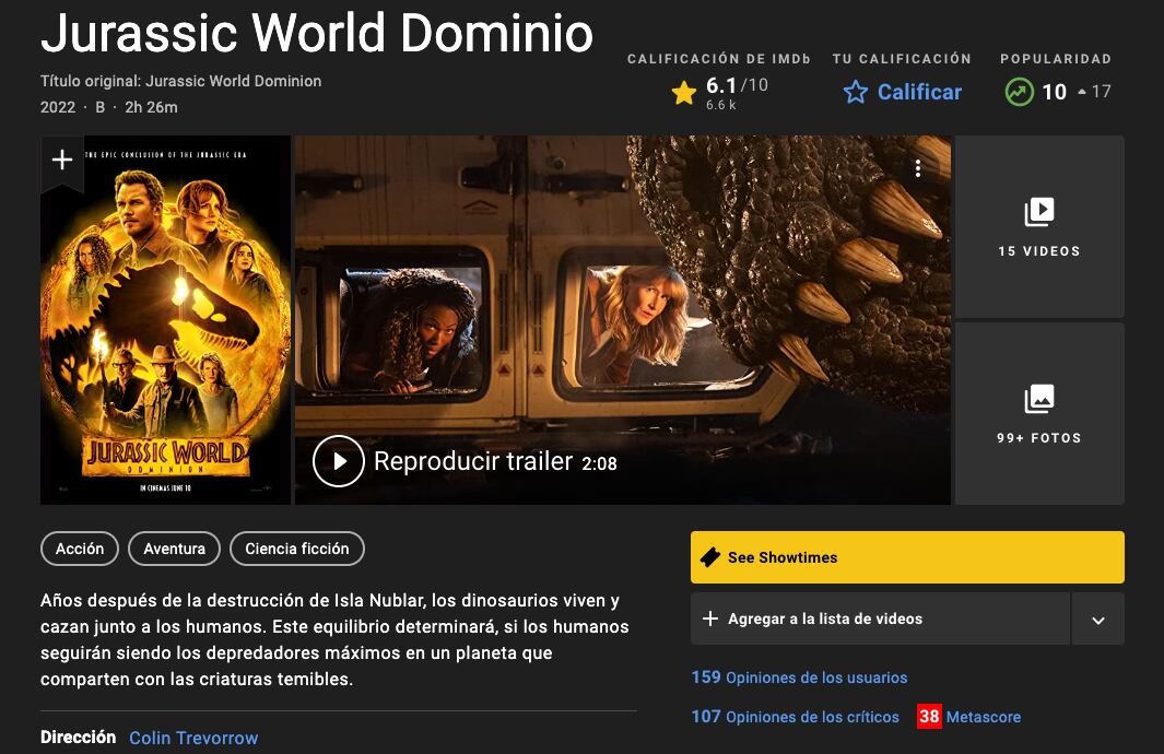 Calificación de 'Jurassic World: Dominion' en IMDb