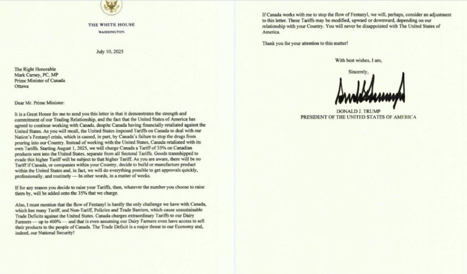 Carta de Donald Trump para anunciar aranceles del 35% a Canadá