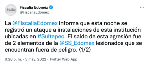FGJEM informa de la balacera de Sultepec/captura de pantalla @FiscaliaEdomex