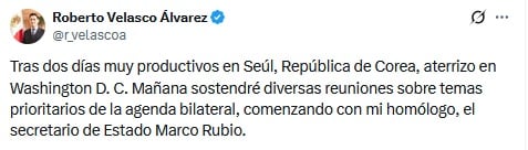 Roberto Velasco comparte que se reunirá con Marco Rubio.