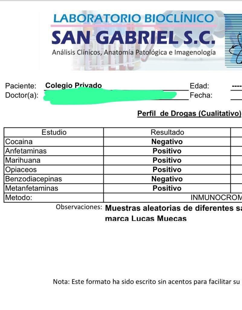Análisis de laboratorio a paciente intoxicado con Lucas Muecas; da positivo a cocaína, metanfetaminas y opioides