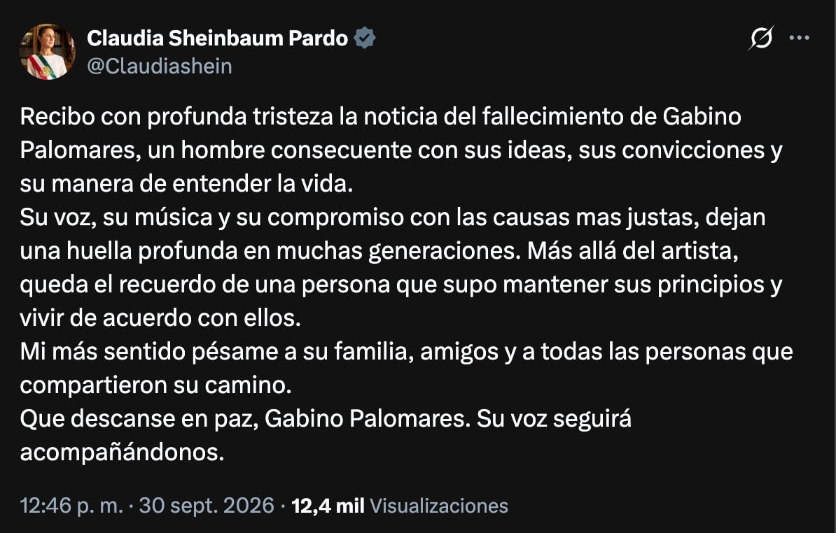 Sheinbaum lamenta muerte de Gabino Palomares