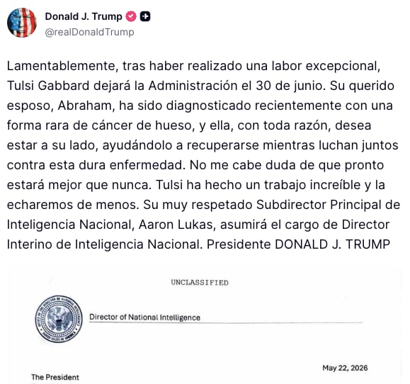 Donald Trump confirma renuncia de Tulsi Gabbard y revela identidad de su relevo